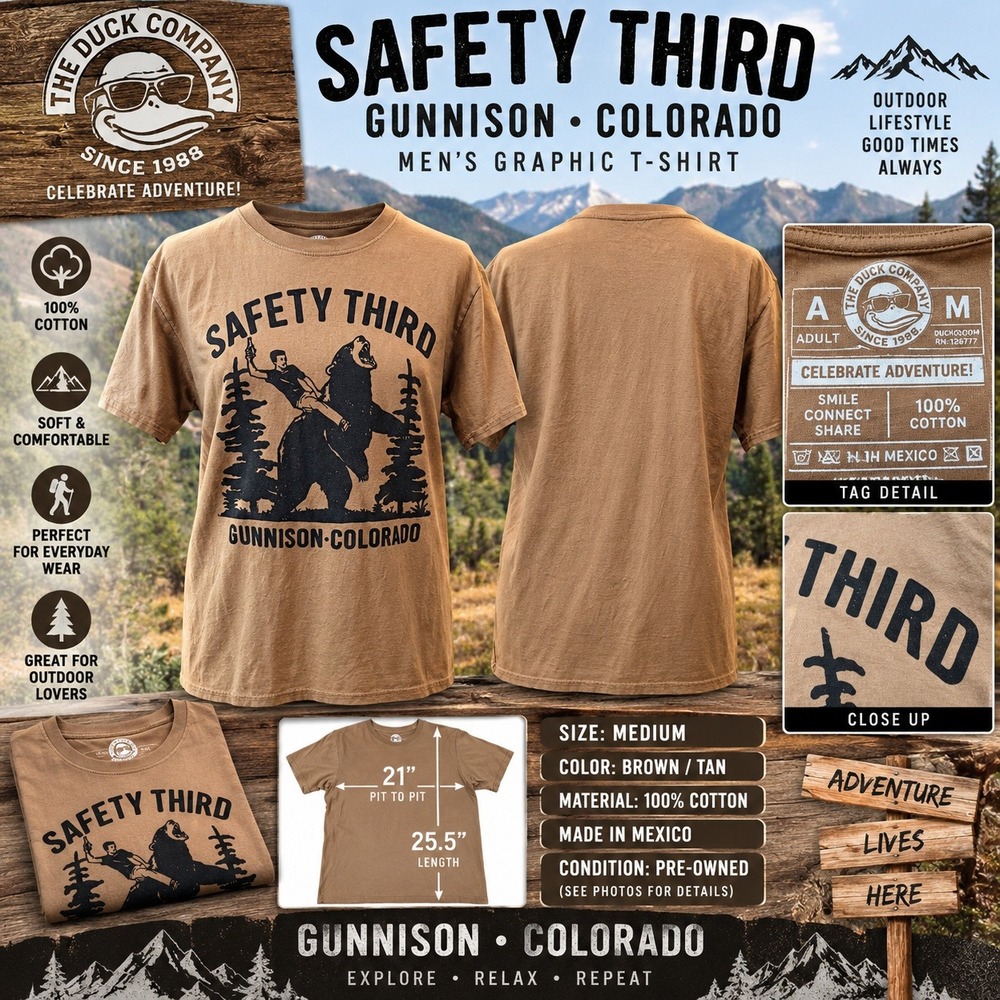 Duck Company Safety Third Gunnison Colorado Bear Graphic T-Shirt Mens Medium Tan
